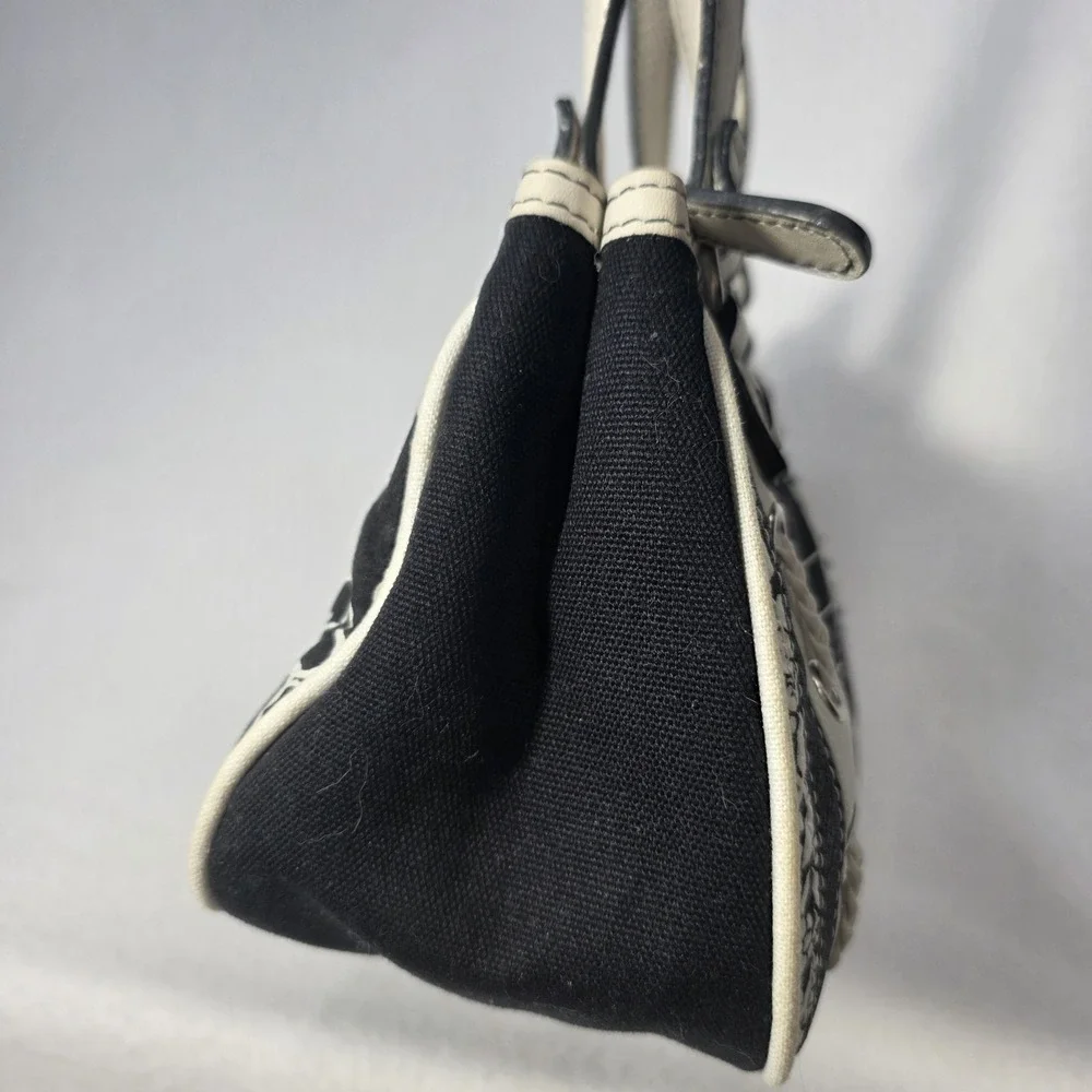 Fossil Y2K Vintage Mixed Leather & Canvas Black And White Patchwork Satchel Bag